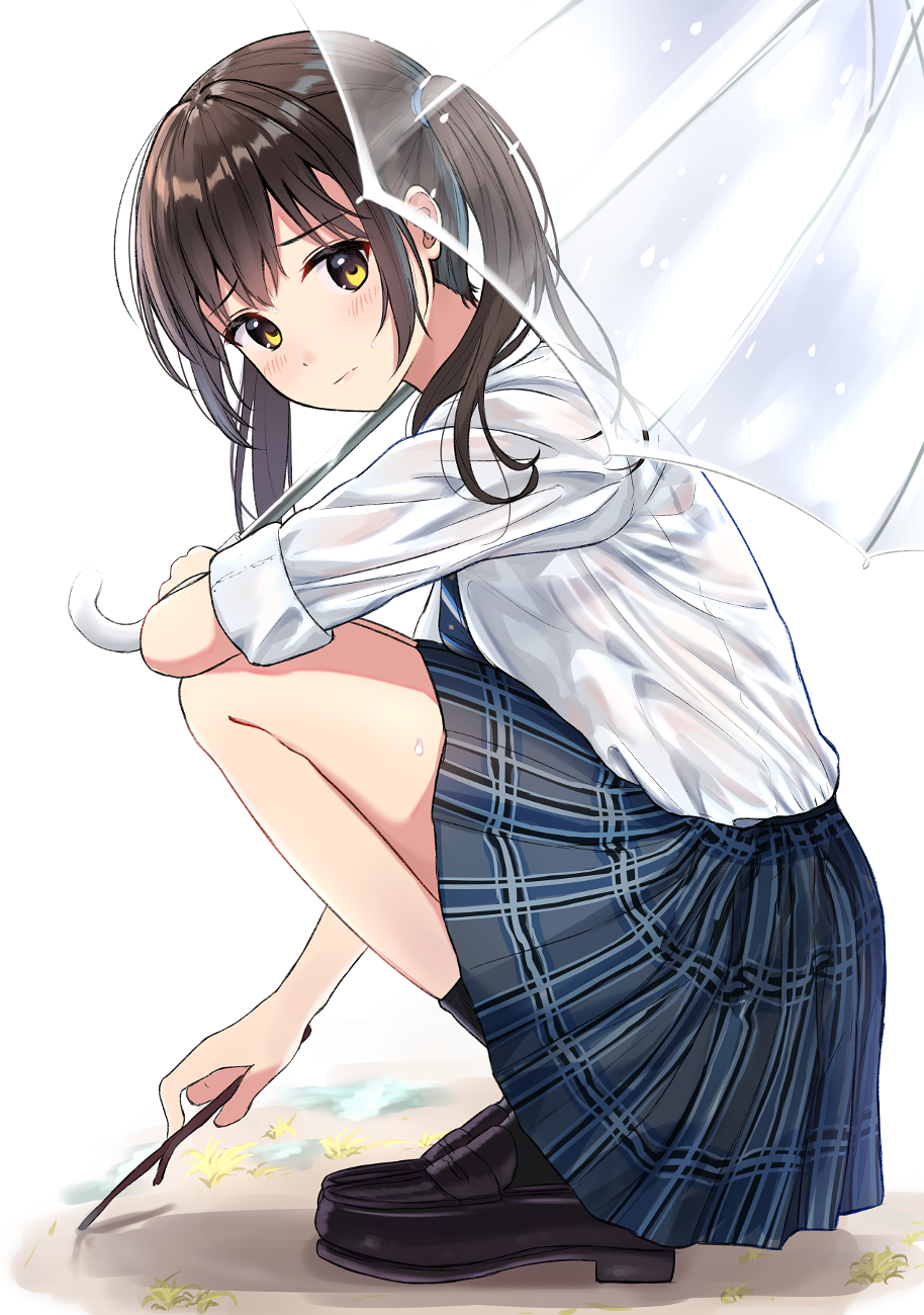1girl bare_legs black_bra black_footwear black_legwear blue_skirt blush bra brown_hair burenbo closed_mouth commentary_request frown highres holding holding_umbrella loafers long_hair looking_at_viewer looking_to_the_side necktie original plaid plaid_skirt revision school_uniform see-through shirt shirt_tucked_in shoes skirt socks solo squatting stick striped striped_neckwear sweat thighs transparent transparent_umbrella twintails umbrella underwear white_shirt yellow_eyes