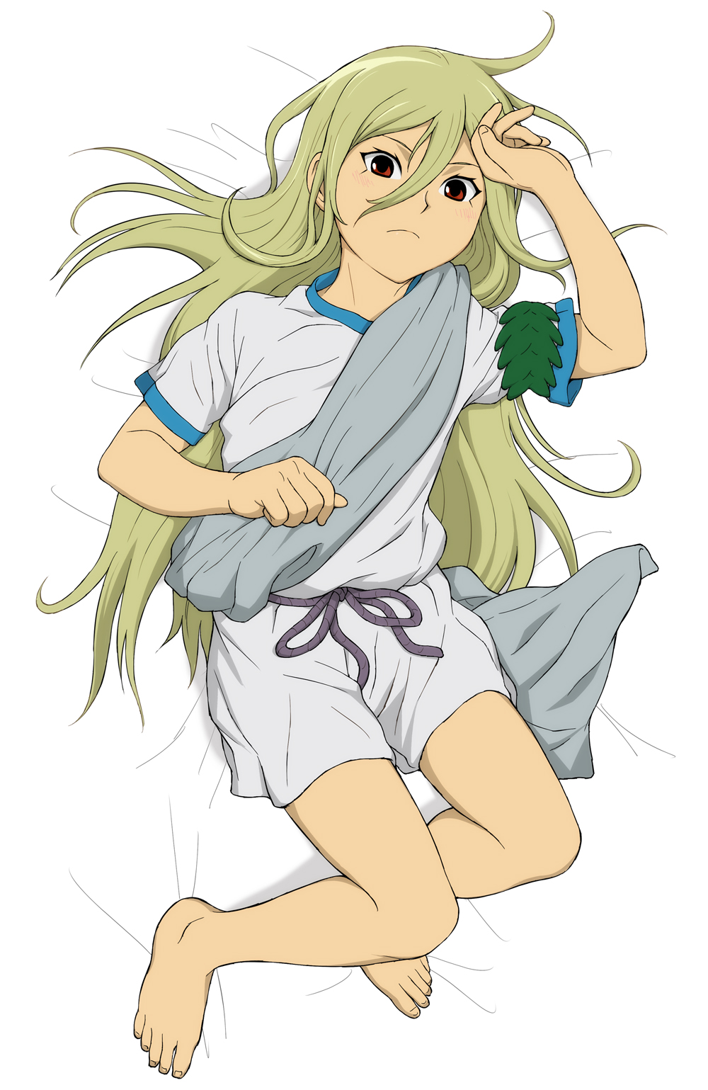 1boy afuro_terumi barefoot blonde_hair dakimakura feet full_body hair_between_eyes highres inazuma_eleven inazuma_eleven_(series) looking_at_viewer male_focus red_eyes soccer_uniform solo sportswear yamamiya_hiroshi zeus_(inazuma_eleven)