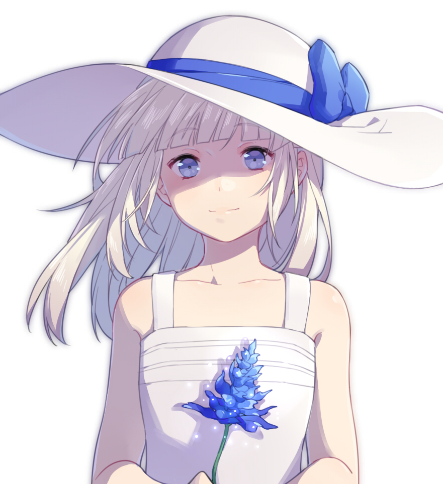 1girl bangs blue_bow blue_eyes blue_flower blunt_bangs bow character_request check_copyright dress final_fantasy final_fantasy_xv flower hat hat_bow holding holding_flower light_smile long_hair quail0503 silver_hair simple_background solo standing sun_hat white_background white_dress white_headwear
