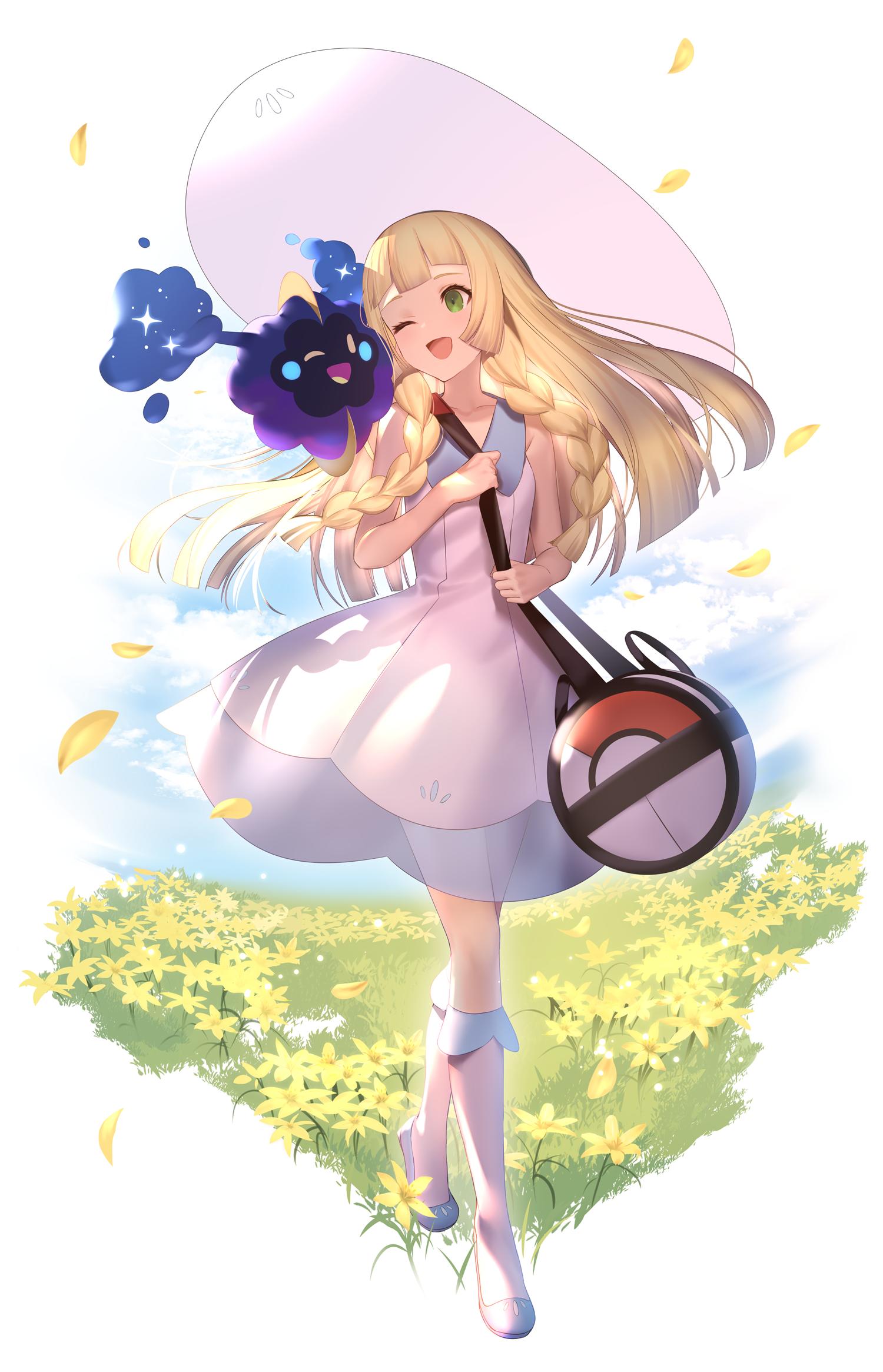 1girl bag blonde_hair blue_sky braid clouds cosmog dress duffel_bag flower full_body gen_7_pokemon grass green_eyes hat highres lillie_(pokemon) long_hair one_eye_closed open_mouth petals poke_ball_theme pokemon pokemon_(creature) pokemon_(game) pokemon_sm shinooji sky sleeveless sun_hat twin_braids white_dress white_headwear