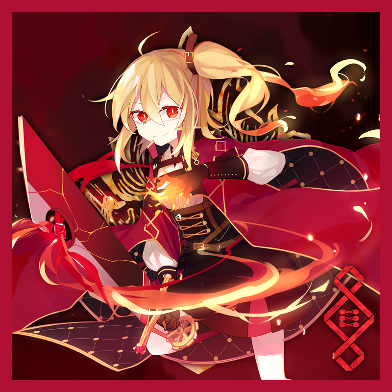 1girl black_gloves black_skirt blonde_hair cape eke'e fire gloves hair_between_eyes hair_tie hiragi_rin holding holding_sword holding_weapon long_hair long_sleeves magic pale_skin pixiv_fantasia pixiv_fantasia_last_saga red_background red_cape red_eyes side_ponytail skirt smile solo standing standing_on_one_leg sword weapon