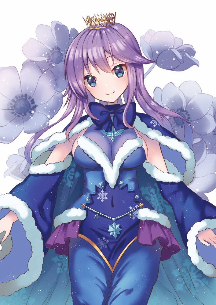 1girl anemone_(flower) anemone_(flower_knight_girl) bangs blue_bow blue_cape blue_dress blue_eyes blue_sleeves bow breasts cape capelet closed_mouth covered_navel cowboy_shot crown detached_sleeves dress floral_background flower flower_knight_girl head_tilt kusumoto_miya long_hair looking_at_viewer no_nose object_namesake purple_hair sideboob smile snowflake_print solo standing swept_bangs