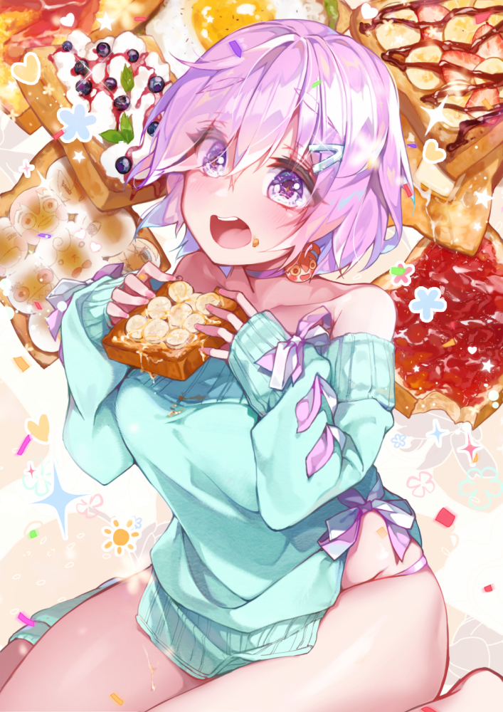 +_+ 1girl bacon banana bread breakfast breasts egg eyes_visible_through_hair fate/grand_order fate_(series) food fruit hair_over_one_eye jam kanola_u large_breasts looking_at_viewer mash_kyrielight purple_hair short_hair solo strawberry sunny_side_up_egg symbol-shaped_pupils toast violet_eyes