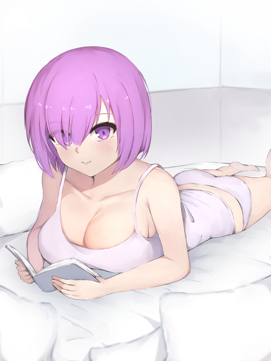 1girl bangs bare_shoulders blacktheif book breasts commentary_request eyebrows_visible_through_hair eyes_visible_through_hair fate/grand_order fate_(series) highres holding holding_book large_breasts lying mash_kyrielight on_stomach panties pink_eyes pink_hair shirt short_hair smile solo underwear white_panties white_shirt