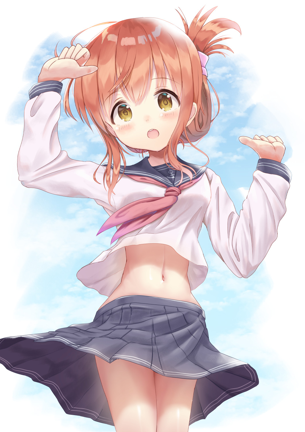 1girl anchor_symbol arm_up bangs black_sailor_collar black_skirt blue_sky blush breasts brown_eyes brown_hair brown_neckwear clouds commentary_request day eyebrows_visible_through_hair folded_ponytail hair_between_eyes hand_up head_tilt highres inazuma_(kantai_collection) kantai_collection long_sleeves looking_at_viewer mimikaki_(men_bow) navel neckerchief open_mouth pleated_skirt sailor_collar school_uniform serafuku shirt sidelocks skirt sky small_breasts solo upper_teeth white_shirt