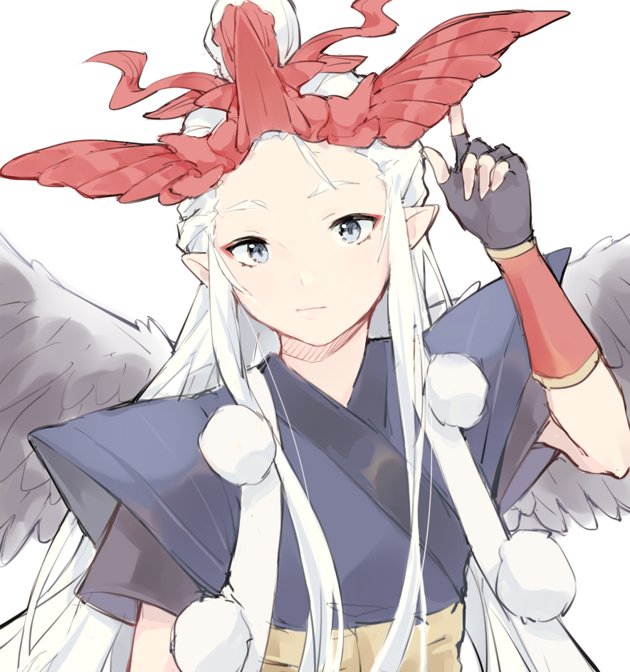 1girl black_gloves bracer fingerless_gloves gloves grey_eyes headpiece index_finger_raised karasu_tengu karasu_tengu_(onmyoji) long_hair onmyoji pointy_ears pom_pom_(clothes) quail0503 short_sleeves simple_background solo standing white_background white_hair wide_sleeves wings