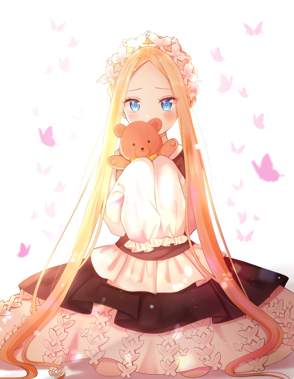 1girl abigail_williams_(fate/grand_order) bangs black_dress blonde_hair blue_eyes blush braid bug butterfly butterfly_hair_ornament commentary_request covered_mouth dress fate/grand_order fate_(series) forehead hair_ornament heroic_spirit_festival_outfit highres holding holding_stuffed_animal insect long_hair long_sleeves looking_at_viewer nasii parted_bangs revision shirt sidelocks sitting sleeves_past_fingers sleeves_past_wrists solo stuffed_animal stuffed_toy teddy_bear very_long_hair white_background white_shirt