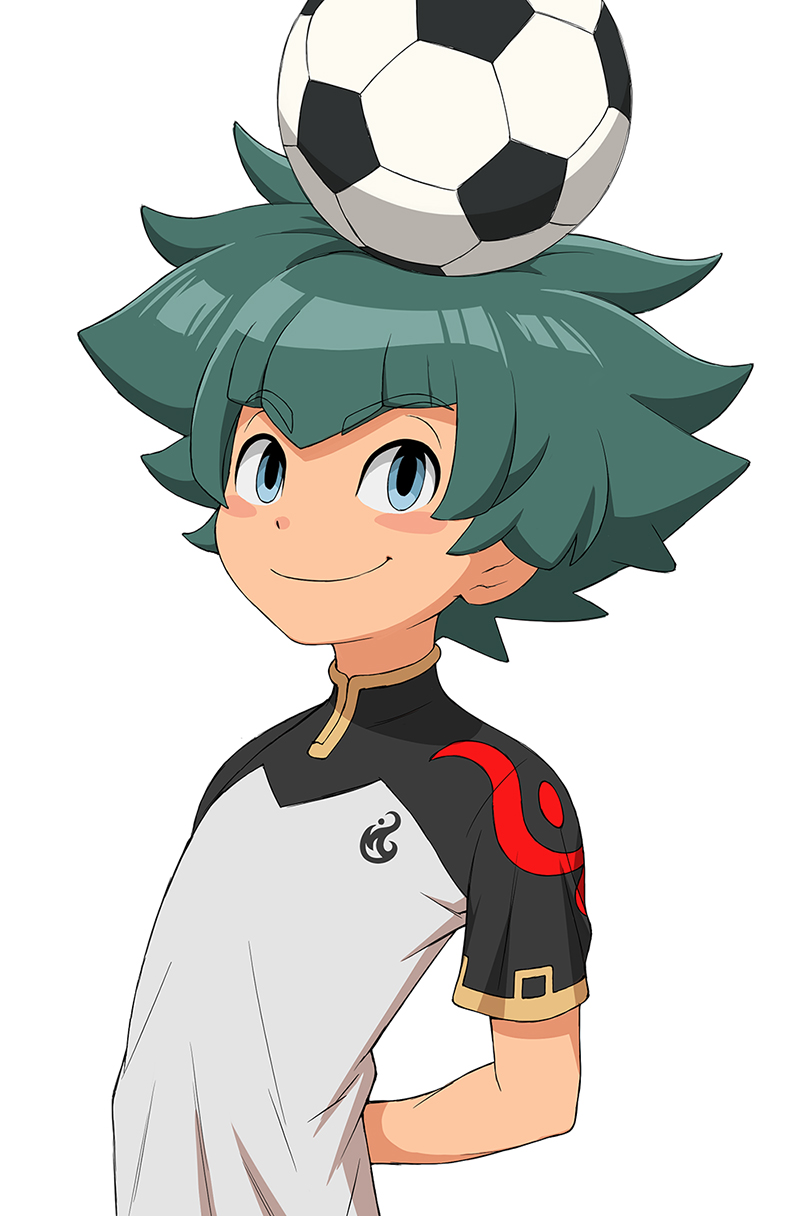 1boy ball bangs blue_eyes blush_stickers chinese_clothes green_hair highres inazuma_eleven inazuma_eleven_(series) inazuma_eleven_ares_no_tenbin li_hao looking_at_viewer male_focus on_head simple_background soccer_ball soccer_uniform solo sportswear telstar white_background yamamiya_hiroshi