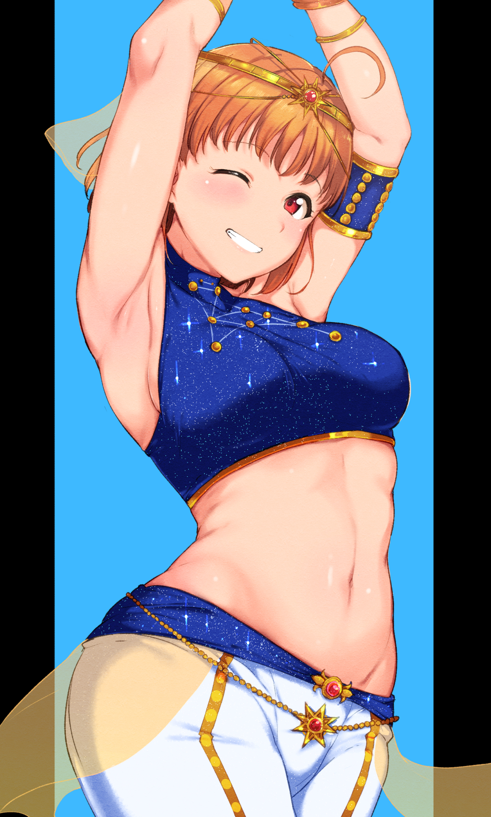1girl ;) ahoge alp arabian_clothes armband armlet armpits arms_up blue_background bracelet breasts circlet cowboy_shot crop_top gem grin harem_outfit hat headpiece highres jewelry kokoro_magic_a_to_z love_live! love_live!_sunshine!! midriff navel one_eye_closed open_mouth orange_hair pants pillow_hat red_eyes ruby_(gemstone) see-through short_hair sideboob smile solo stomach takami_chika teeth white_pants