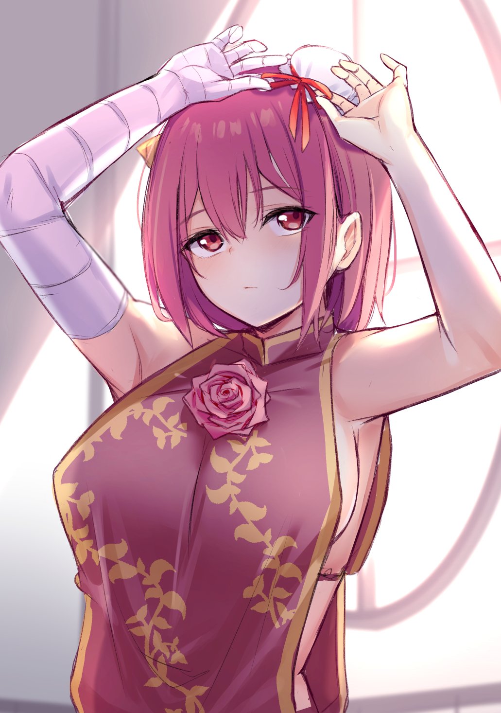 1girl armpits arms_up bandaged_arm bandages bangs bare_arms bare_shoulders blush borushichi breasts bun_cover commentary_request eyebrows_visible_through_hair flower hair_between_eyes hair_ribbon highres ibaraki_kasen indoors large_breasts looking_at_viewer oni oni_horns pink_flower pink_hair pink_rose red_eyes red_ribbon ribbon rose short_hair sidelocks solo tabard touhou upper_body window
