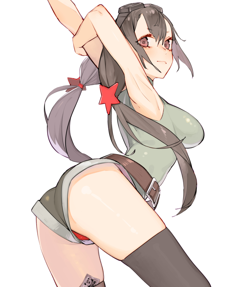 1girl armpits ass brown_hair girls_frontline juz looking_back panties_under_shorts shorts solo stretch thigh-highs twintails type_56_assault_rifle_(girls_frontline) white_background