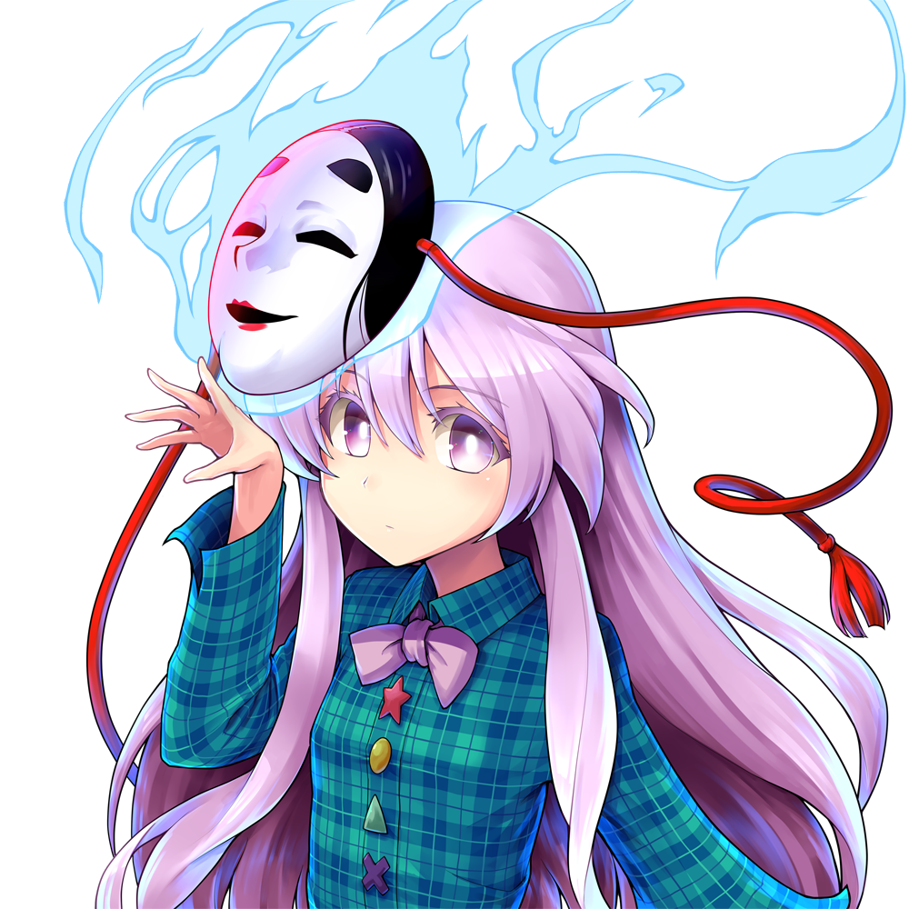 1girl blush breasts buttons closed_mouth ebizome expressionless hata_no_kokoro long_hair long_sleeves mask mask_on_head noh_mask pink_eyes pink_hair plaid plaid_shirt shirt simple_background small_breasts solo tassel touhou upper_body white_background