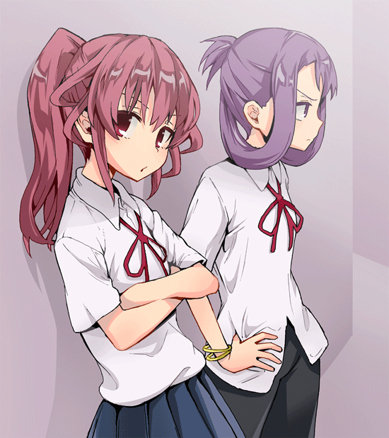 2girls against_wall aokaze_(mimi_no_uchi) atago_hiroe bangs bike_shorts black_shorts blue_sky bracelet closed_mouth crossed_arms dress_shirt frown himematsu_school_uniform jewelry leaning_back long_hair looking_at_viewer multiple_girls neck_ribbon pleated_skirt ponytail purple_hair red_eyes red_neckwear redhead ribbon saki school_uniform shirt short_sleeves shorts skirt sky standing suehara_kyouko tied_hair violet_eyes white_shirt wing_collar