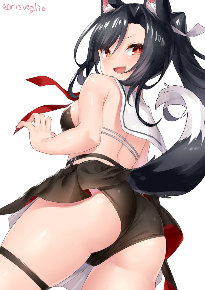 1girl animal_ear_fluff animal_ears ass azur_lane bangs bare_arms bare_shoulders black_hair black_panties black_sailor_collar black_skirt claw_pose commentary_request fang from_behind from_below looking_at_viewer looking_back medium_hair open_mouth panties pantyshot pantyshot_(standing) ponytail red_eyes sailor_collar shigure_(azur_lane) sidelocks simple_background skirt smile solo standing tail torimaru twitter_username underwear white_background wolf_ears wolf_tail