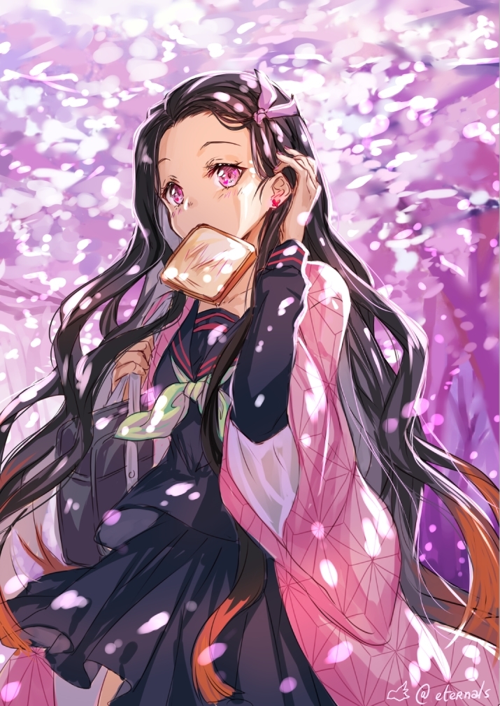 1girl bag bangs black_hair black_sailor_collar black_serafuku black_skirt blush brown_hair brown_neckwear closed_mouth collarbone commentary earrings english_commentary food food_in_mouth forehead gradient_hair hair_ribbon hand_up jewelry kamado_nezuko kimetsu_no_yaiba long_hair long_sleeves looking_away mouth_hold multicolored_hair neckerchief open_clothes parted_bangs petals pink_eyes pink_ribbon pleated_skirt ribbon sailor_collar school_bag school_uniform serafuku skirt solo ten-chan_(eternal_s) toast toast_in_mouth twitter_username very_long_hair wide_sleeves