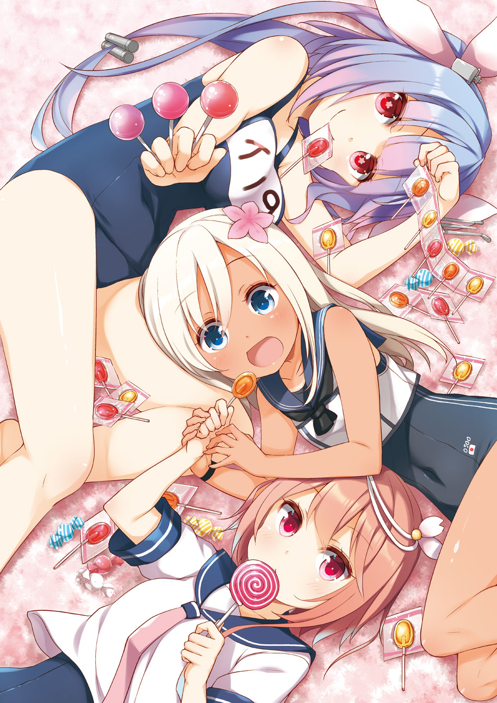3girls ahoge bangs bare_legs bare_shoulders blue_eyes blue_hair blush bracelet breasts candy candy_wrapper commentary_request crop_top eating eyebrows_visible_through_hair flower food hair_flower hair_ornament hair_ribbon highres holding holding_candy holding_food holding_lollipop i-19_(kantai_collection) i-58_(kantai_collection) jewelry kantai_collection large_breasts lollipop long_hair looking_at_viewer lying multiple_girls name_tag nontraditional_school_swimsuit on_back on_side one-piece_swimsuit one-piece_tan open_mouth pink_hair red_eyes ribbon ro-500_(kantai_collection) sailor_collar school_swimsuit school_uniform serafuku short_hair short_sleeves simple_background smile star star-shaped_pupils swimsuit swimsuit_under_clothes symbol-shaped_pupils tan tanline tri_tails twintails white_hair yume_no_owari