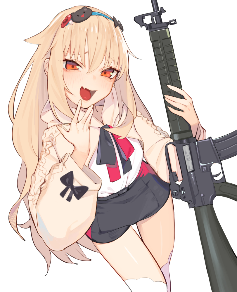 1girl assault_rifle bangs black_shorts cat_hair_ornament commentary girls_frontline gun hair_ornament headband holding holding_gun holding_weapon hood hood_down juz light_brown_hair long_hair looking_at_viewer open_mouth orange_eyes rifle shirt shorts sidelocks simple_background solo sweater t65_(girls_frontline) t65_assault_rifle weapon white_background white_legwear white_shirt