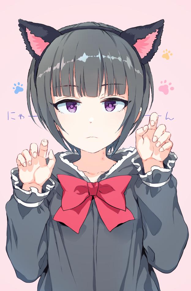 1girl animal_ears bangs black_dress black_hair black_hairband bow cat_ears claw_pose closed_mouth collarbone commentary_request copyright_request dress eyebrows_visible_through_hair fake_animal_ears fingernails gomennasai hairband hands_up light_frown long_sleeves looking_at_viewer paw_background pink_background puffy_long_sleeves puffy_sleeves red_bow short_hair sidelocks simple_background solo translated upper_body violet_eyes