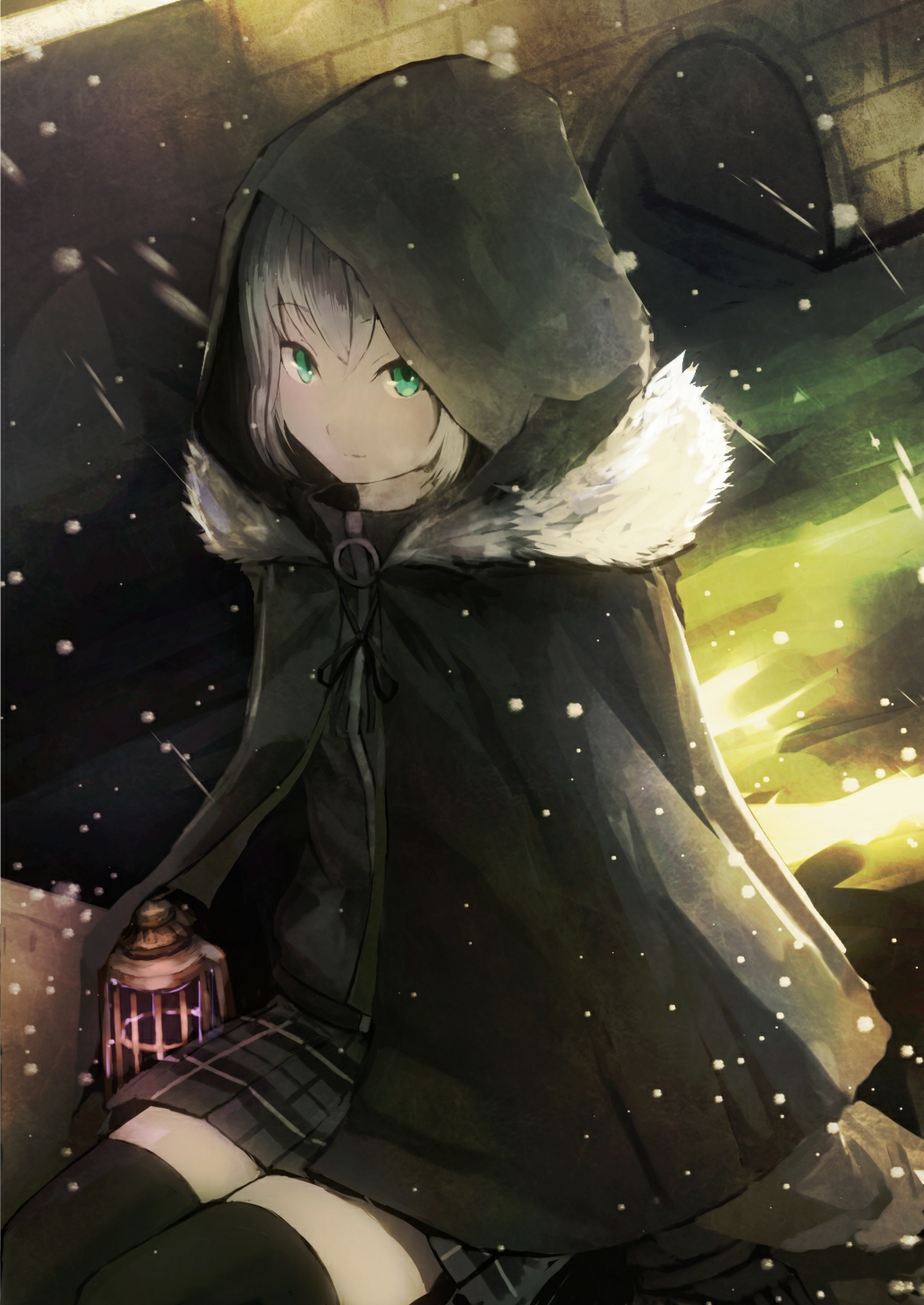 1girl bangs black_legwear cloak eyebrows_visible_through_hair fate_(series) fur-trimmed_cloak fur_trim gray_(lord_el-melloi_ii) green_eyes grey_hair highres hood hood_up hooded_cloak lantern looking_at_viewer lord_el-melloi_ii_case_files namako_(namacotan) night pleated_skirt short_hair sitting skirt snowing solo thigh-highs water