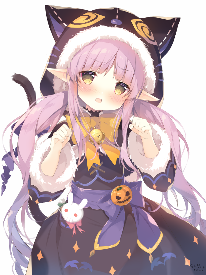 1girl animal_ears animal_hood bangs bell black_capelet black_jacket black_skirt blush bow brown_bow brown_eyes capelet cat_ears cat_girl cat_hood cat_tail commentary_request eyebrows_visible_through_hair fur-trimmed_capelet fur-trimmed_hood fur-trimmed_sleeves fur_trim hands_up head_tilt hikawa_kyoka hood hood_up hooded_capelet jack-o'-lantern jacket jingle_bell long_hair long_sleeves looking_at_viewer low_twintails open_mouth paw_pose pointy_ears princess_connect! princess_connect!_re:dive purple_bow purple_hair shiratama_(shiratamaco) signature simple_background skirt solo tail tail_bow twintails very_long_hair white_background wide_sleeves