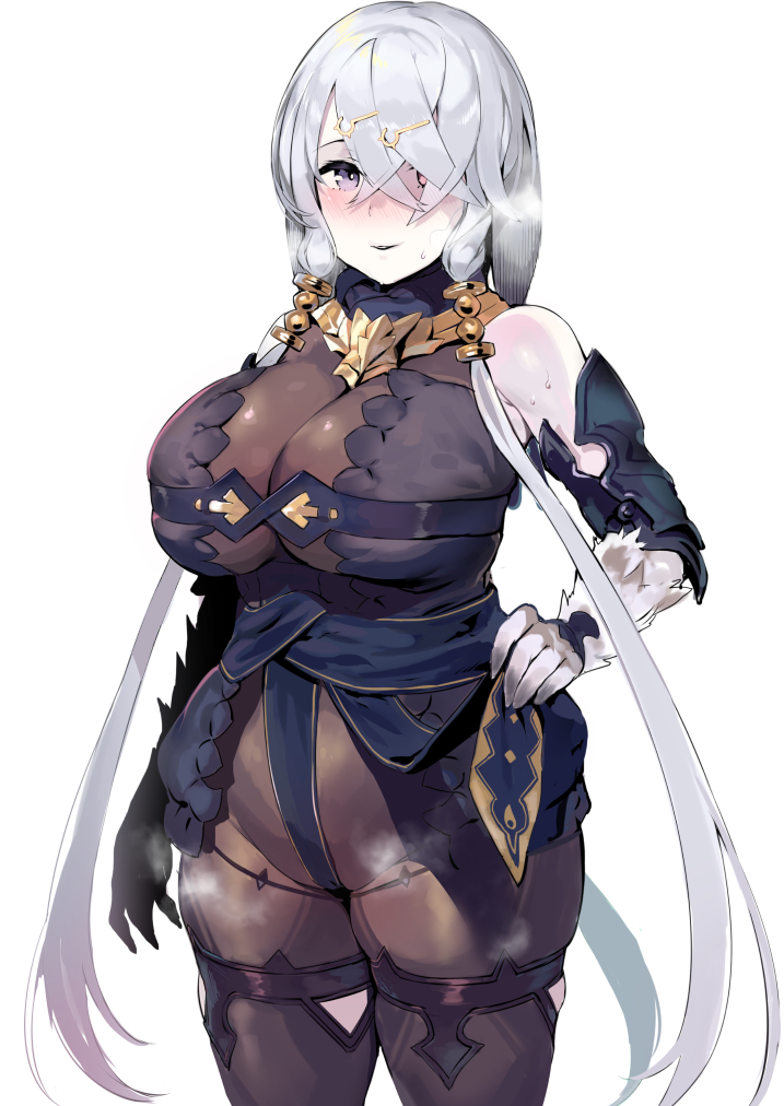 1girl armor atelier_(series) atelier_ryza bare_shoulders blush bodysuit breasts breath closed_mouth cowboy_shot fur_collar hair_ornament hair_over_one_eye hairclip hand_on_hip iku_(ikuchan_kaoru) large_breasts lila_decyrus long_hair looking_at_viewer low_twintails parted_lips silver_hair simple_background solo twintails very_long_hair violet_eyes white_background