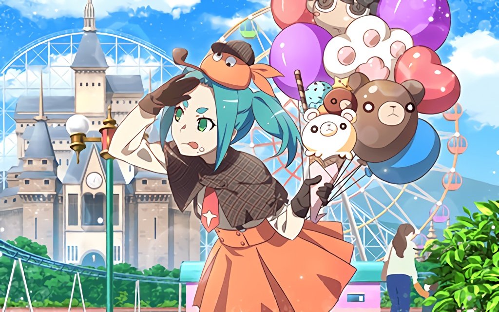 1boy 2girls amusement_park aqua_hair arm_up balloon blue_sky brown_capelet brown_gloves brown_headwear bush castle clouds cosplay deerstalker detective faceless ferris_wheel food food_on_face forehead gloves googly_eyes green_eyes hat headwear holding holding_food ice_cream ice_cream_cone ice_cream_on_face lens_flare licking_lips monogatari_(series) monogatari_series_puc_puc multiple_girls necktie ononoki_yotsugi orange_headwear orange_skirt pipe red_neckwear roller_coaster sherlock_holmes sherlock_holmes_(cosplay) shiny shiny_hair short_eyebrows sidelocks skirt sky solo_focus tan_shirt tongue tongue_out twintails watanabe_akio