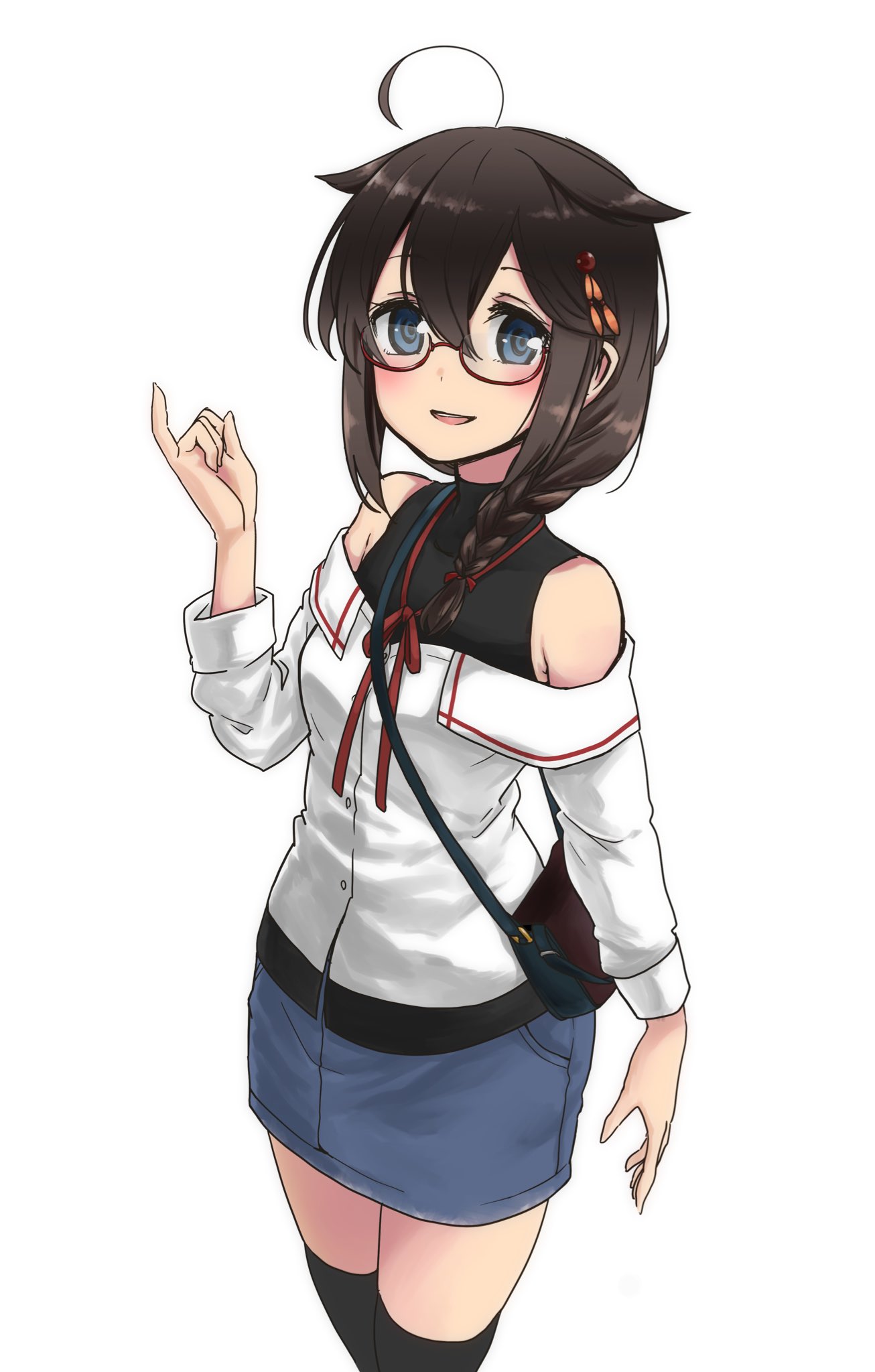 1girl ahoge bag bangs bespectacled black_legwear blue_eyes blush braid brown_hair denim denim_skirt glasses gouta_(nagishiro6624) hair_between_eyes hair_flaps hair_ornament handbag highres kantai_collection long_hair looking_at_viewer off-shoulder_shirt off_shoulder open_mouth pinky_out red-framed_eyewear red_neckwear red_ribbon remodel_(kantai_collection) ribbon shigure_(kantai_collection) shirt simple_background single_braid skirt sleeveless sleeveless_shirt solo thigh-highs turtleneck white_background