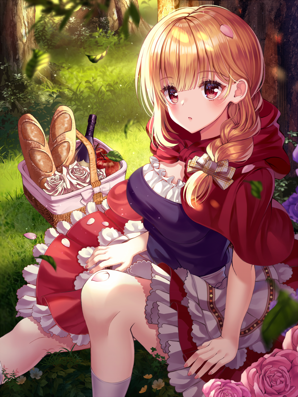 1girl :o apple apron baguette bangs basket blonde_hair blue_shirt bottle bow braid bread breasts capelet commentary_request day ecu8080 eyebrows_visible_through_hair fingernails flower food fruit grass hair_between_eyes hair_bow hair_over_shoulder highres hood hood_up hooded_capelet knee_up kneehighs little_red_riding_hood looking_at_viewer medium_breasts on_grass original outdoors parted_lips picnic_basket pink_flower pink_nails pink_rose plaid plaid_bow pleated_skirt red_apple red_capelet red_eyes red_skirt revision rose shirt single_braid sitting skirt solo tree waist_apron white_apron white_bow white_flower white_legwear white_rose wine_bottle yellow_flower