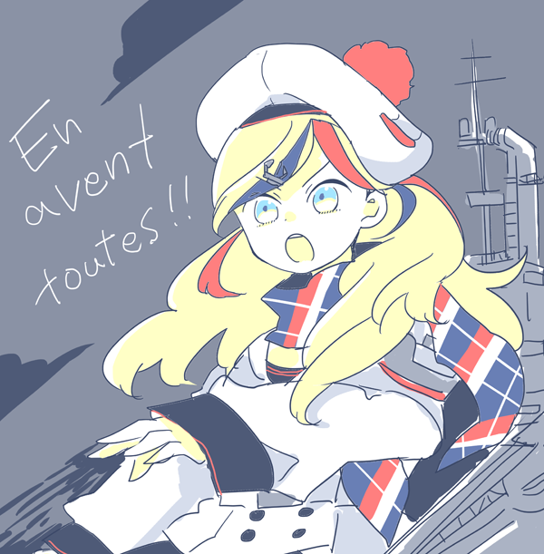 1girl :o anchor_hair_ornament bangs belt beret blonde_hair blue_eyes blue_hair commandant_teste_(kantai_collection) commentary double-breasted dress eyebrows_visible_through_hair french_flag french_text frown hair_ornament hat hiro_(srso4_) jacket kantai_collection long_hair long_sleeves machinery mast multicolored multicolored_clothes multicolored_hair multicolored_scarf open_mouth plaid plaid_scarf pom_pom_(clothes) redhead rigging round_teeth scarf solo streaked_hair swept_bangs teeth translated upper_body v-shaped_eyebrows wavy_hair white_jacket