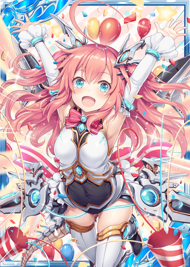 1girl akkijin armpits arms_up ass_visible_through_thighs balloon bare_shoulders blue_eyes bodysuit breasts card_(medium) confetti gauntlets hair_ornament mecha_musume medium_breasts official_art party party_horn pink_hair shinkai_no_valkyrie star thigh-highs