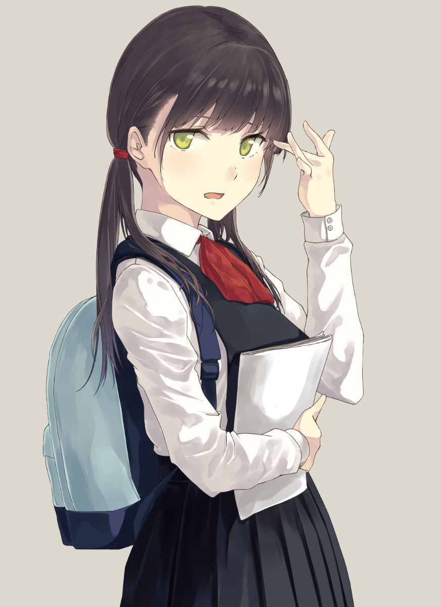 1girl ascot backpack bag bangs black_hair blue_dress collared_shirt dress eyebrows_visible_through_hair from_side green_eyes hair_between_eyes hair_over_shoulder hand_up highres hiwatari_rin holding holding_paper light_blush long_hair long_sleeves looking_at_viewer low_twintails open_mouth original paper pinafore_dress pleated_skirt red_neckwear school_uniform shirt simple_background skirt solo twintails uniform white_shirt