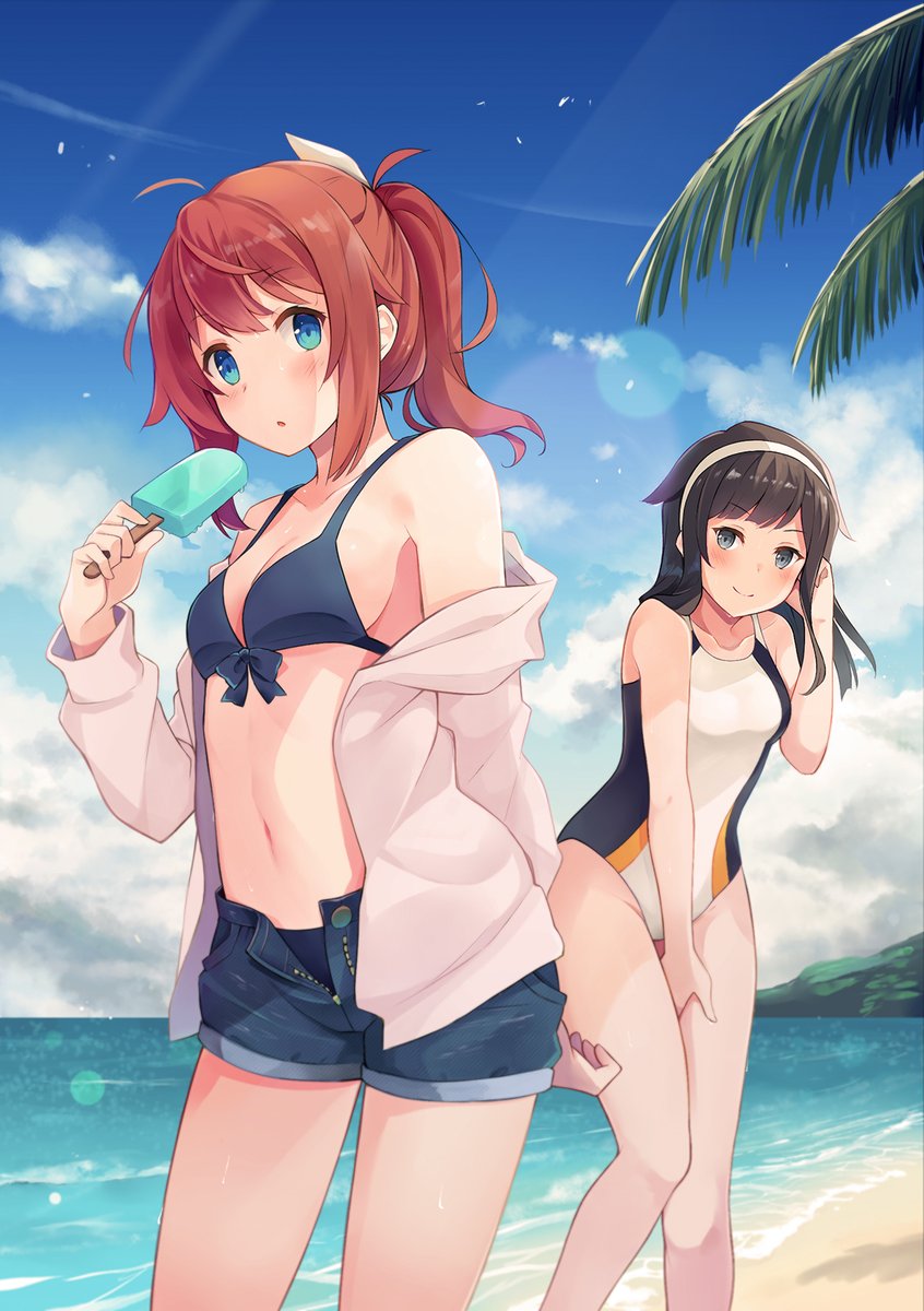 2girls :o ahoge aqua_eyes arm_behind_back bangs bare_shoulders beach bikini blue_bikini blue_sky blush bow_bikini breasts brown_hair clouds collarbone competition_swimsuit contrapposto day denim denim_shorts dripping eyebrows_visible_through_hair food groin hair_ears hair_tucking hairband hand_on_own_thigh hand_up head_tilt highres holding horizon kibashiba knees_together_feet_apart lens_flare long_hair looking_at_viewer mountainous_horizon multiple_girls navel ocean off_shoulder one-piece_swimsuit open_clothes open_shorts original outdoors palm_tree ponytail popsicle redhead short_shorts shorts sidelocks sky small_breasts smile standing sunlight swimsuit tree unbuttoned unzipped
