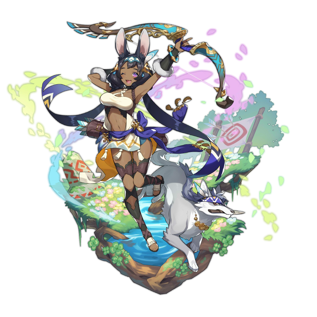 animal_ears boots bow clothing_request dagger dragalia_lost full_body laranoa leaf non-web_source official_art one_eye_closed pool rabbit_ears saitou_naoki smile target target_practice thigh-highs thigh_boots transparent_background tree weapon wolf