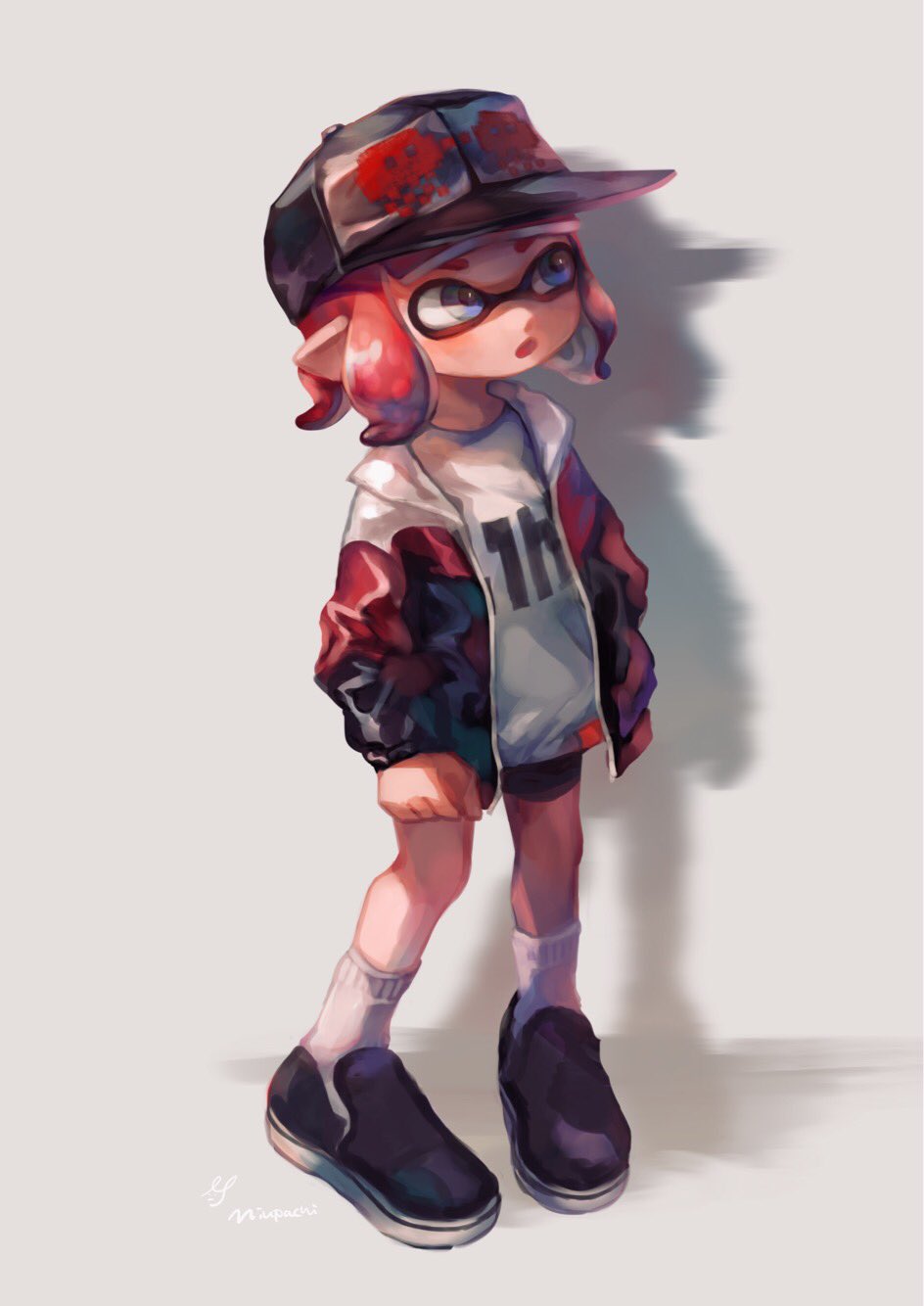 1girl :o artist_name baseball_cap black_footwear black_headwear black_jacket blue_eyes commentary domino_mask english_commentary grey_background hat highres hood hoodie inkling jacket logo long_sleeves looking_to_the_side mask miu_pachi open_clothes open_jacket pointy_ears red_theme redhead shadow shirt shoes short_hair signature simple_background socks solo splatoon_(series) splatoon_2 tentacle_hair white_legwear white_shirt