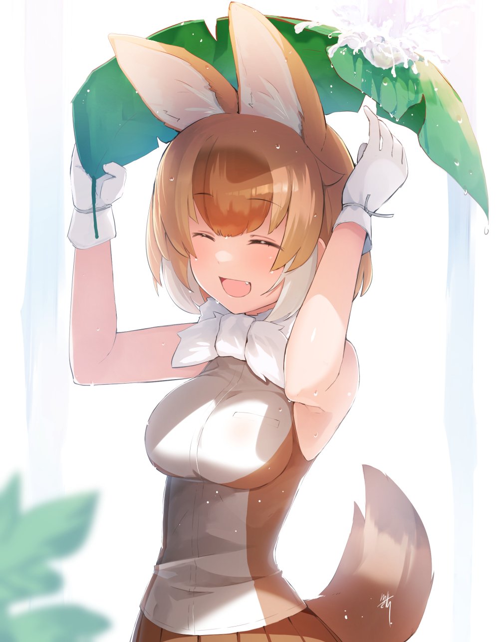 1girl animal_ears bare_shoulders bow bowtie closed_eyes commentary_request cowboy_shot dhole_(kemono_friends) dog_ears dog_tail extra_ears eyebrows_visible_through_hair fang gloves highres kemono_friends leaf leaf_umbrella light_brown_hair light_brown_shirt meth_(emethmeth) multicolored_hair open_mouth pleated_skirt shirt short_hair skirt sleeveless smile solo tail two-tone_hair two-tone_shirt water_drop white_gloves white_hair white_neckwear white_shirt