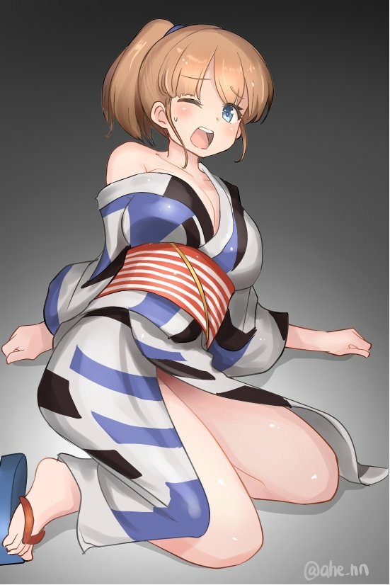 1girl ahenn blue_eyes breasts brown_hair commentary_request gradient gradient_background grey_background intrepid_(kantai_collection) japanese_clothes kantai_collection kimono large_breasts looking_at_viewer multicolored multicolored_clothes multicolored_kimono obi off_shoulder one_eye_closed open_mouth ponytail round_teeth sandals sash short_hair solo teeth upper_body upper_teeth yukata