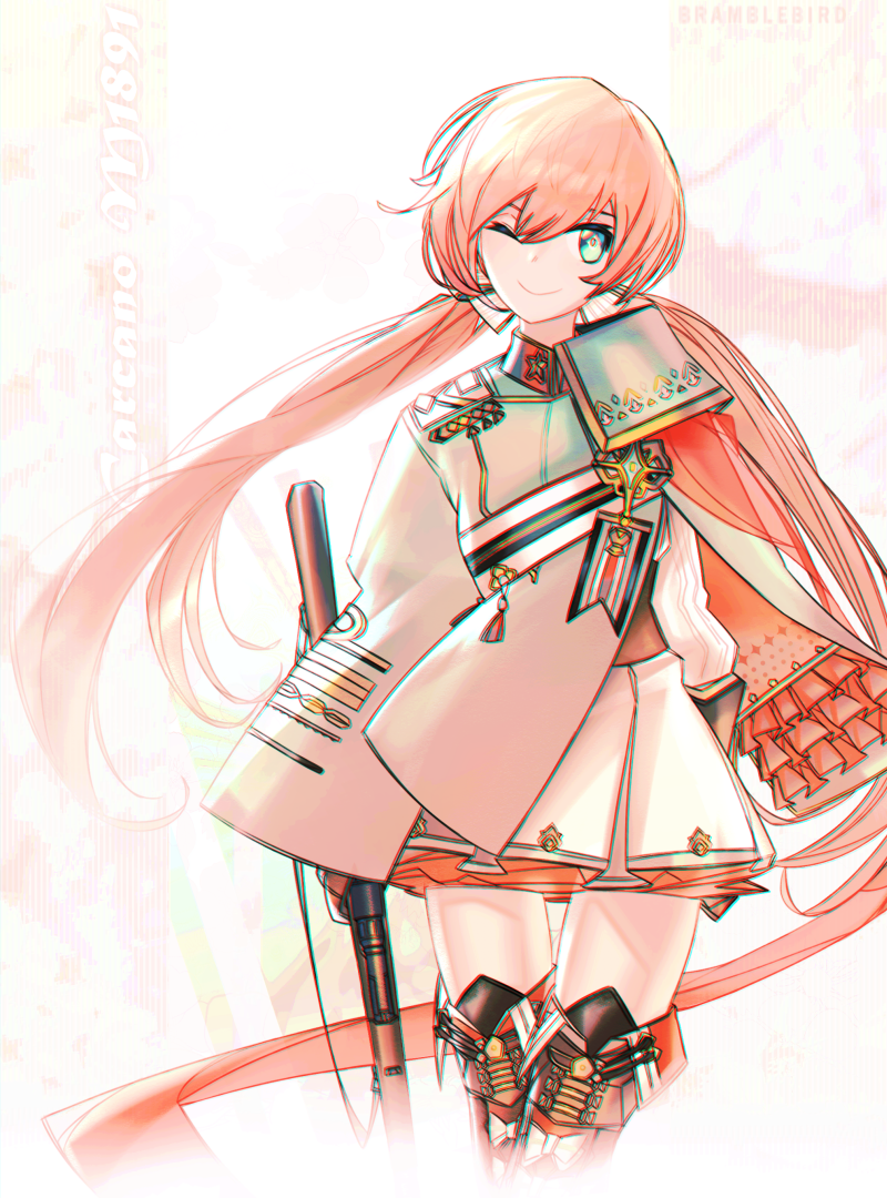 1girl absurdly_long_hair arm_behind_back artist_name asymmetrical_clothes boots carcano carcano_m1891_(girls_frontline) character_name commentary cropped_legs girls_frontline green_eyes kky long_hair looking_at_viewer low_twintails one_eye_closed pink_hair smile solo thigh-highs thigh_boots twintails very_long_hair