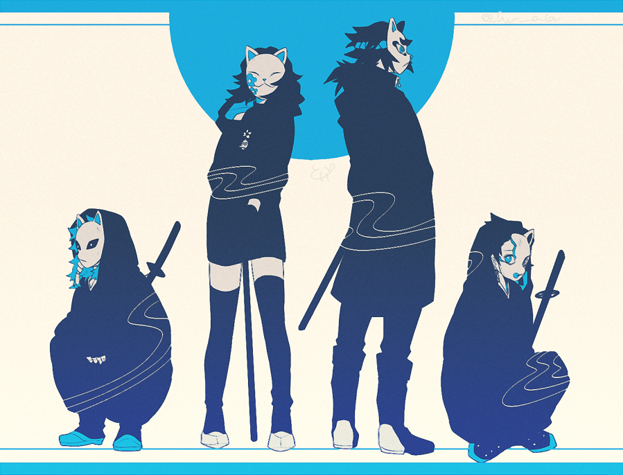 1girl 3boys bare_shoulders black_hair black_legwear blue_eyes boots broken_mask crossed_ankles facing_viewer floral_print fox_mask gloves hood hood_up kamado_tanjirou kimetsu_no_yaiba knees_up limited_palette long_hair long_sleeves makomo_(kimetsu) mask miha_riko multiple_boys off_shoulder one_eye_covered pants sabito_(kimetsu) shoes sitting sleeveless sleeves_past_wrists squatting standing sword thigh-highs tomioka_giyuu turtleneck weapon