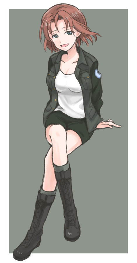 1girl arm_support azumi_(girls_und_panzer) bangs black_footwear black_jacket black_skirt blue_eyes boots brown_hair commentary cross-laced_footwear crossed_legs emblem eyebrows_visible_through_hair full_body girls_und_panzer grey_background grey_legwear half-closed_eyes head_tilt invisible_chair jacket lace-up_boots light_smile long_sleeves looking_at_viewer military military_uniform miniskirt mutsu_(layergreen) open_clothes open_jacket open_mouth outside_border pencil_skirt selection_university_(emblem) selection_university_military_uniform shirt short_hair sitting skirt socks solo uniform white_shirt wind