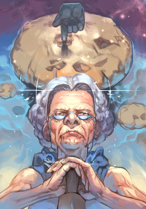 1girl chocolate_chip_cookie cookie cookie_clicker cursor disembodied_limb eyewear_strap food forehead frown glasses grandma_(cookie_clicker) hankuri old_woman rolling_pin serious short_hair silver_hair solo upper_body wrinkled_skin