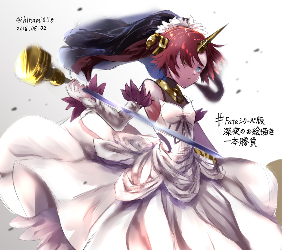 1girl artist_name bare_shoulders blue_eyes breasts commentary_request dated dress fate/grand_order fate_(series) frankenstein's_monster_(fate) hair_ornament hair_over_one_eye holding holding_weapon horn medium_breasts pink_hair short_hair solo translation_request weapon white_dress zassou_(ukjpn)