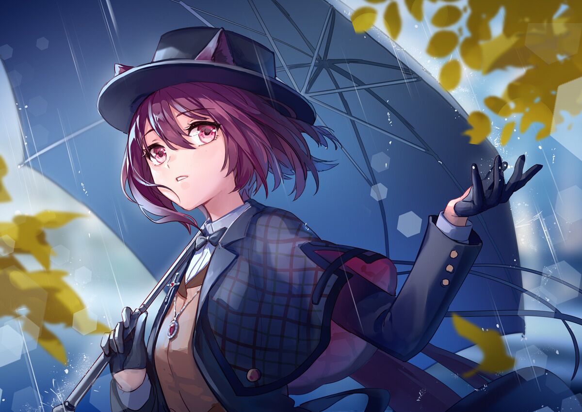 1girl animal_ears arknights bangs black_capelet black_gloves black_neckwear bow bowtie capelet cat_ears commentary commentary_request cross dress eyebrows_visible_through_hair feng_you gloves hair_between_eyes hat holding holding_umbrella jewelry leaf melantha necklace pink_eyes plaid_capelet purple_hair rain shirt short_hair solo umbrella vest water_drop white_shirt