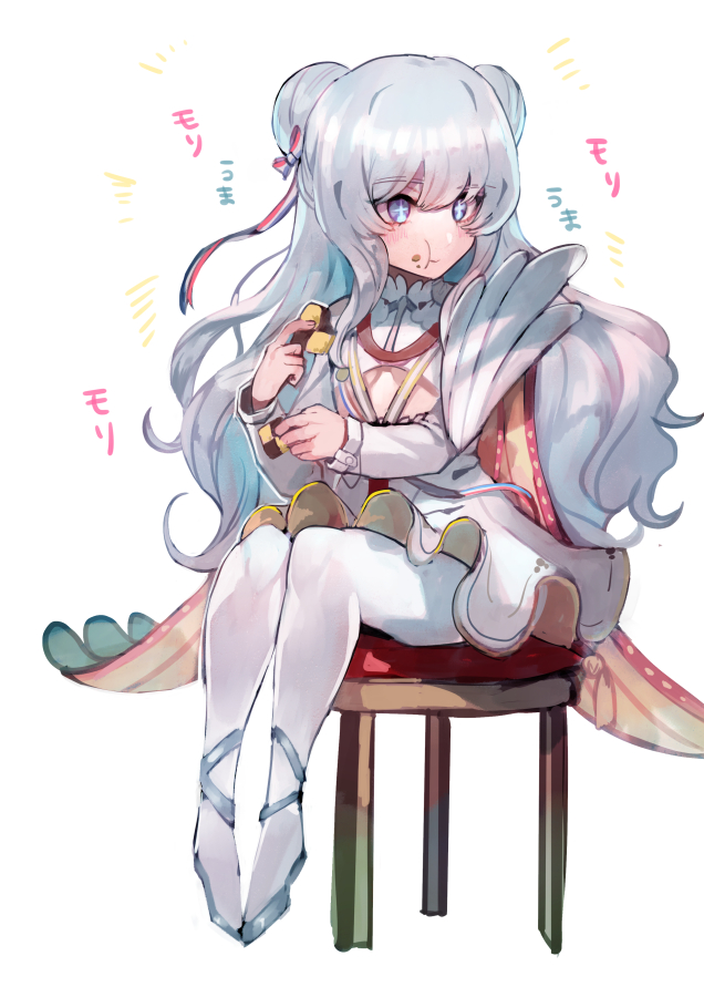 +_+ 1girl :t azur_lane ballet_slippers bangs blue_eyes blush breasts chair chewing commentary_request cookie cutout double_bun eating food hair_ribbon happy high_collar holding holding_food le_malin_(azur_lane) long_hair long_sleeves moji_(mojimozis) pantyhose ribbon sidelocks silver_hair simple_background sitting skirt solo sweets symbol-shaped_pupils under_boob underboob_cutout wavy_hair white_background white_legwear white_skirt