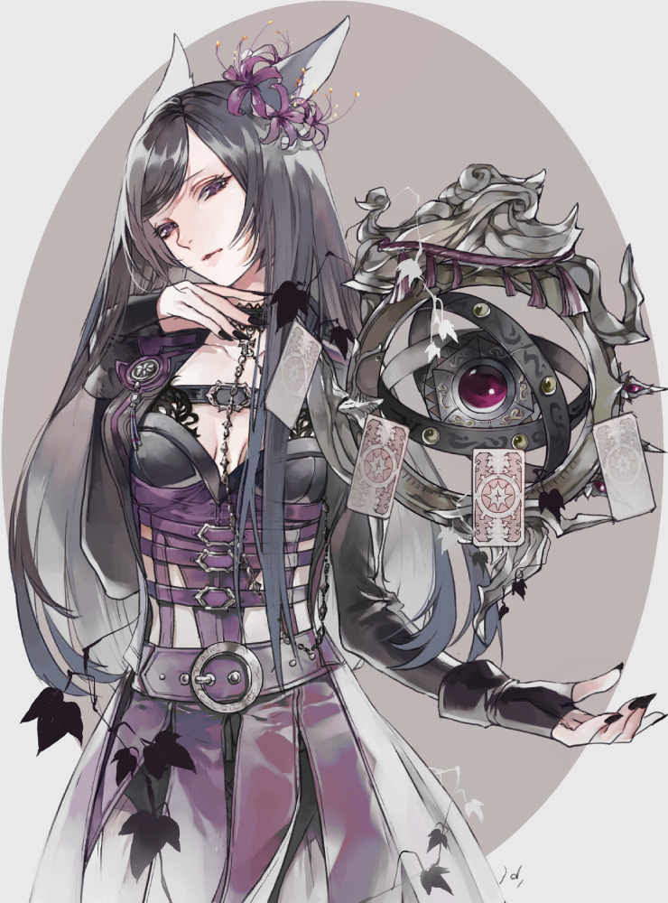 1girl astrologian_(final_fantasy) bangs belt black_hair black_nails breasts card closed_mouth collarbone cowboy_shot final_fantasy final_fantasy_xiv flower gloves hair_flower hair_ornament half_gloves hug_ff14 jacket long_hair miqo'te multicolored_hair open_clothes open_jacket simple_background small_breasts solo swept_bangs two-tone_background two-tone_hair violet_eyes white_hair