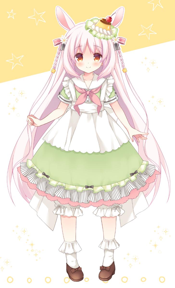 1girl animal_ears apron bloomers braid brown_eyes brown_footwear character_request dress food food_on_head full_body green_dress hair_ornament highres long_hair object_on_head original pink_hair pudding purinko rabbit_ears sailor_collar shoes smile socks solo twin_braids underwear very_long_hair virtual_youtuber white_apron white_footwear