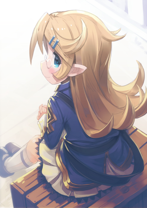 1girl bespectacled blush charlotta_fenia closed_mouth color_73 commentary_request crate flipped_hair from_above from_behind glasses granblue_fantasy grey_legwear harvin kneehighs long_hair mary_janes pointy_ears profile rimless_eyewear shoes sitting smile solo