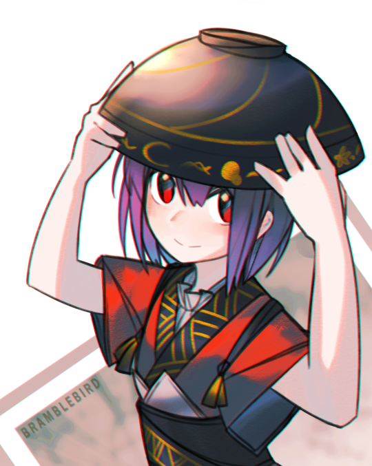 1girl artist_name bowl bowl_hat hat japanese_clothes kky looking_at_viewer purple_hair red_eyes short_hair smile solo sukuna_shinmyoumaru touhou upper_body white_background