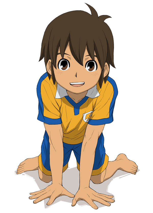 1boy barefoot brown_eyes brown_hair handa_shin'ichi inazuma_eleven inazuma_eleven_(series) looking_at_viewer male_focus open_mouth raimon raimon_soccer_uniform simple_background smile soccer_uniform solo sportswear white_background yamamiya_hiroshi