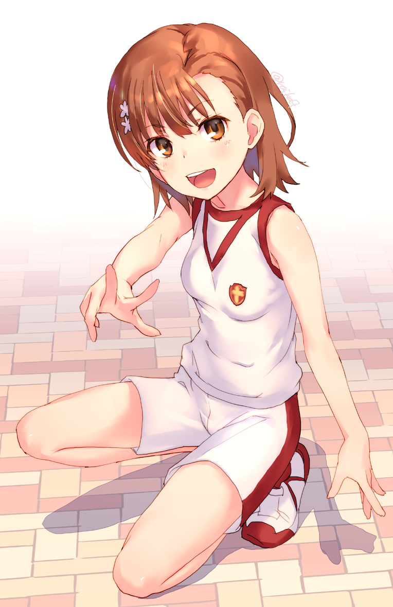 1girl :d bangs bare_arms bare_shoulders blush breasts brown_eyes brown_hair commentary_request eyebrows_visible_through_hair flower full_body hair_flower hair_ornament looking_at_viewer misaka_mikoto open_mouth raika9 round_teeth shirt shoes short_shorts shorts sleeveless sleeveless_shirt small_breasts smile solo sportswear squatting teeth to_aru_kagaku_no_railgun to_aru_majutsu_no_index twitter_username upper_teeth v-shaped_eyebrows white_background white_flower white_footwear white_shirt white_shorts