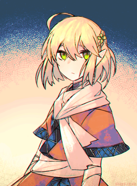 1girl ahoge artist_name bandaged_arm bandages blonde_hair green_eyes kky looking_at_viewer mizuhashi_parsee pointy_ears short_hair solo touhou two-tone_background upper_body